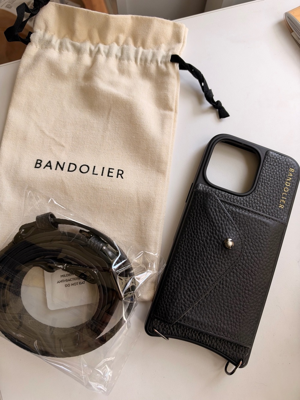 Bandolier Black Leather iPhone 16 Pro Max case w/Pewter Hardware and New Strap